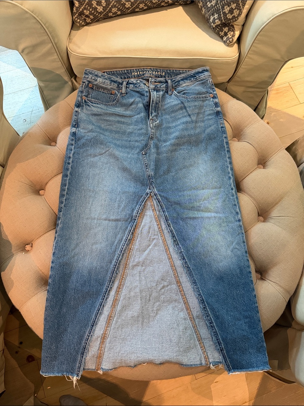 American Eagle Outfitters Blue Denim Midi Skirt with Front Slit